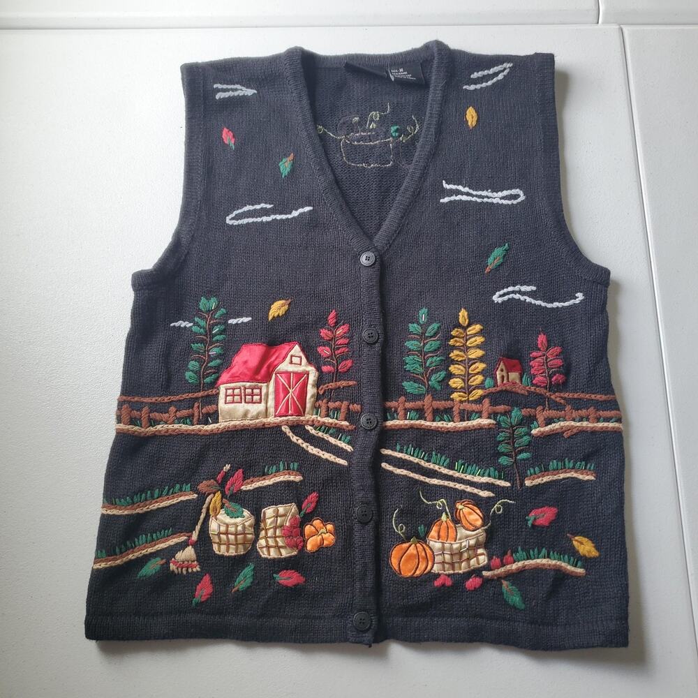 Vintage Sweater Vest Womens Medium  Fall Pumpkin Embroidered Beaded Harvest